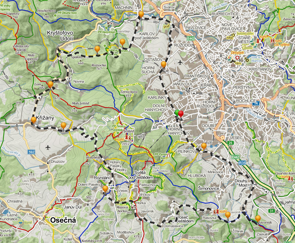 mapa Lužické hory a Ještědský hřbet