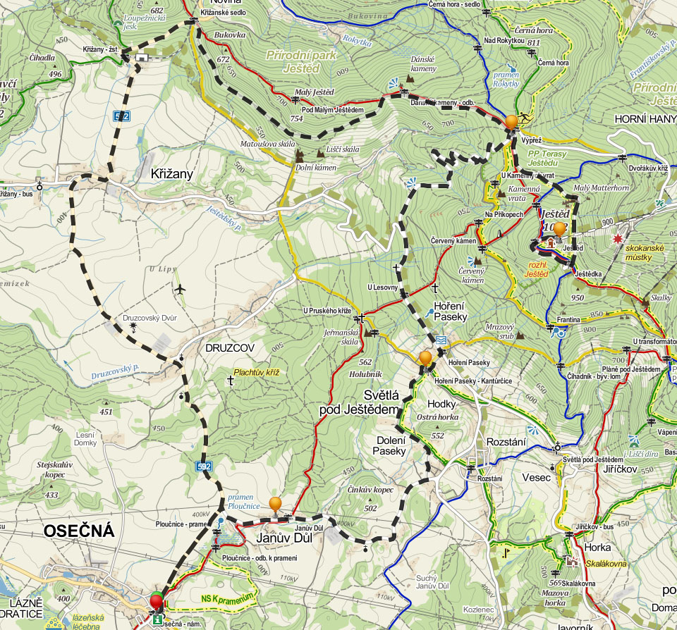 mapa Osečná – Ještěd